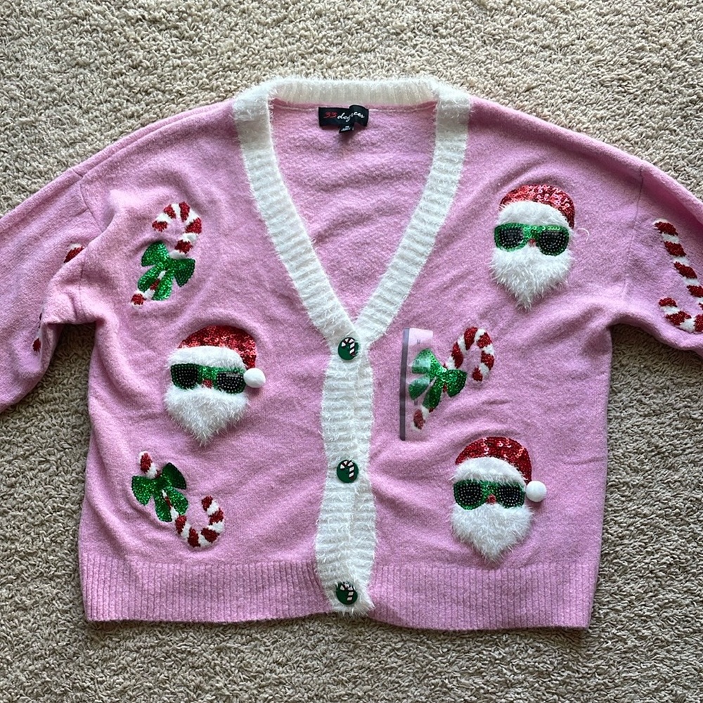 NEW Target 33 Degrees Pink Santa Print Christmas Festive Cardigan Sweater - Picture 5 of 16